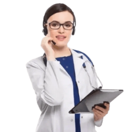 Female doctor with headset and clipboard